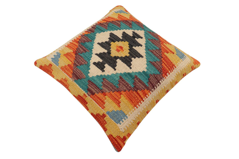 handmade Traditional Pillow Rust Blue Hand-Woven SQUARE 100% WOOL Hand woven turkish pillow2' x 2'