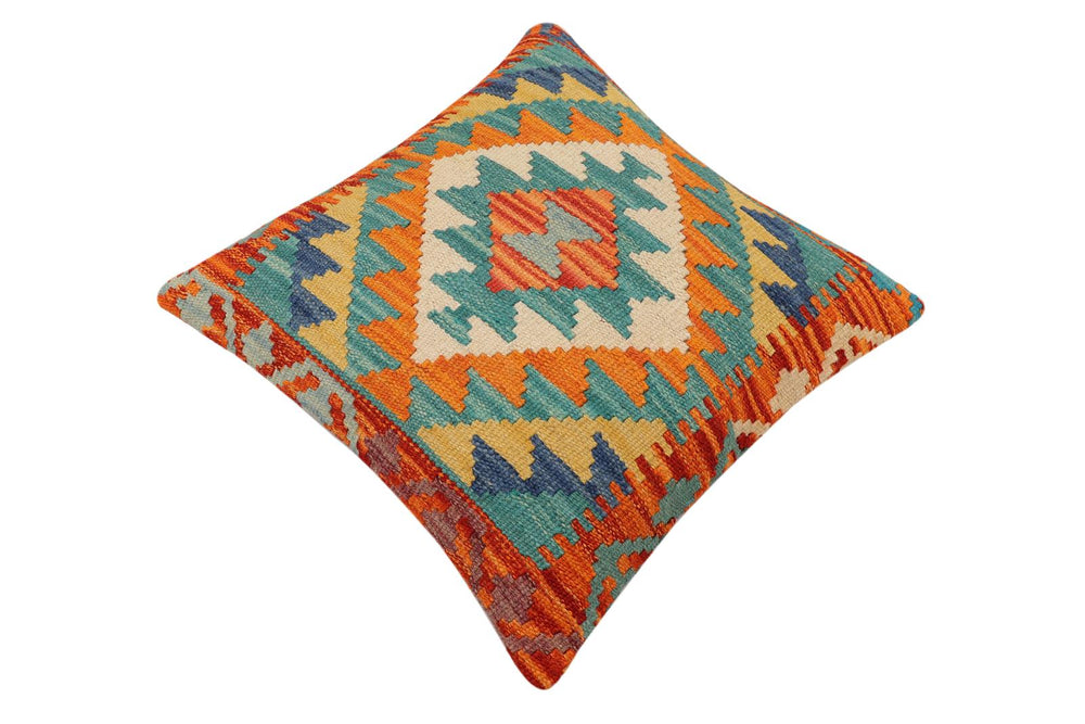 handmade Traditional Pillow Rust Blue Hand-Woven SQUARE 100% WOOL Hand woven turkish pillow2' x 2'