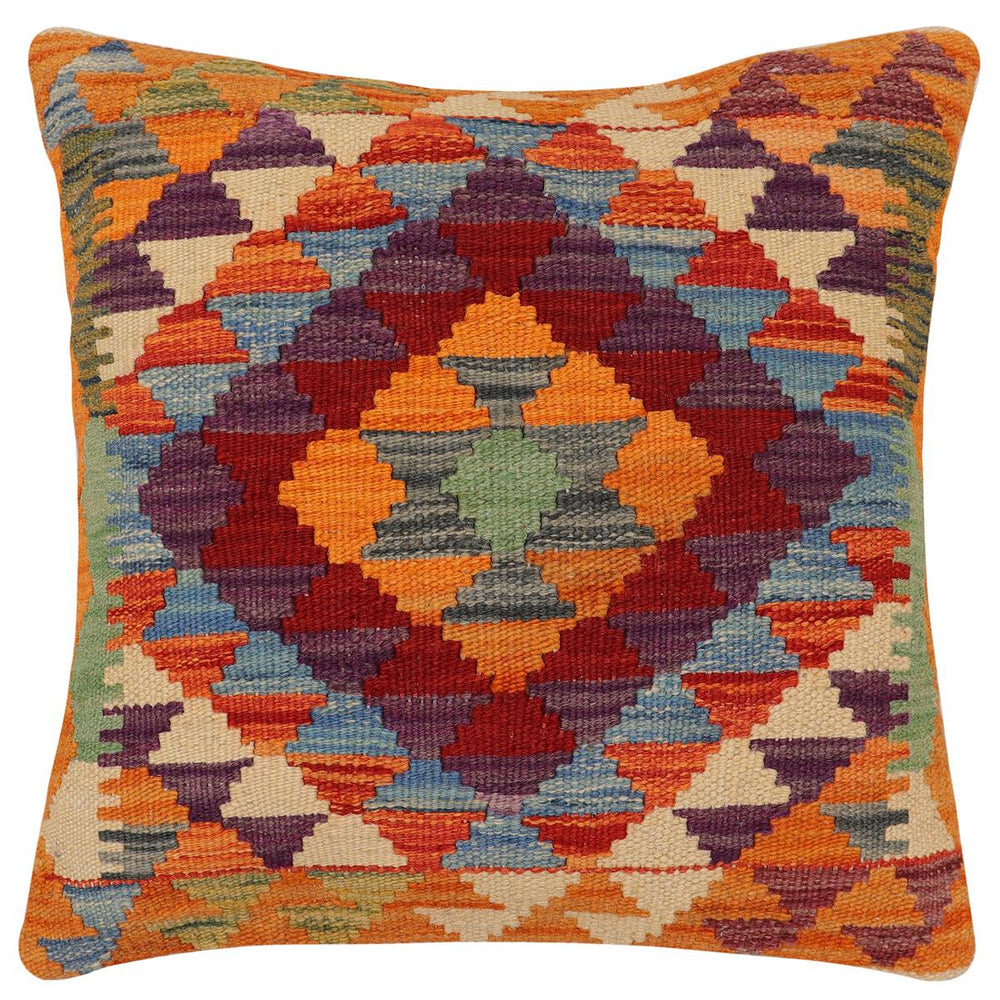 handmade Traditional Pillow Rust Blue Hand-Woven SQUARE 100% WOOL Hand woven turkish pillow2' x 2'
