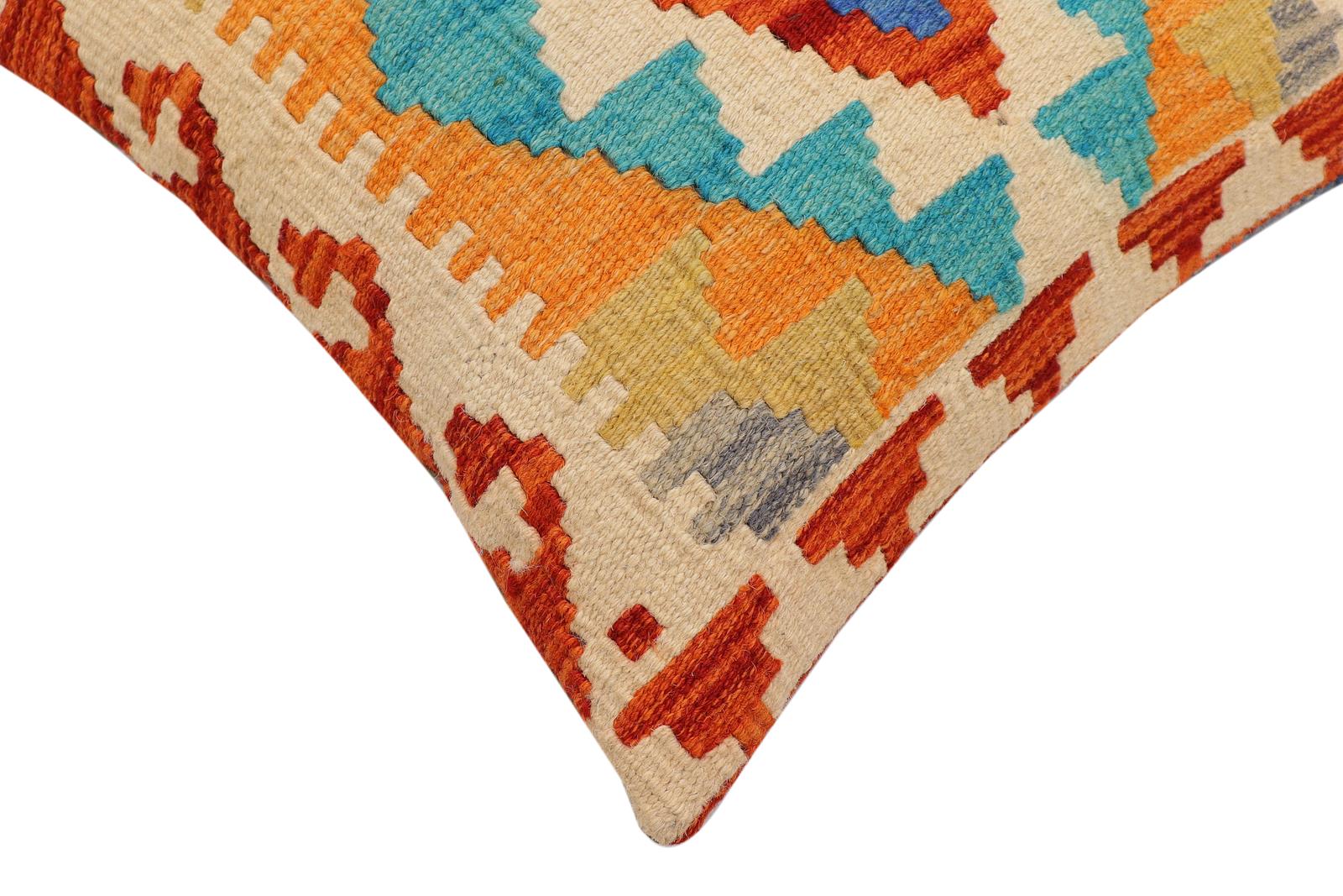 handmade Traditional Pillow Rust Blue Hand-Woven SQUARE 100% WOOL Hand woven turkish pillow2' x 2'