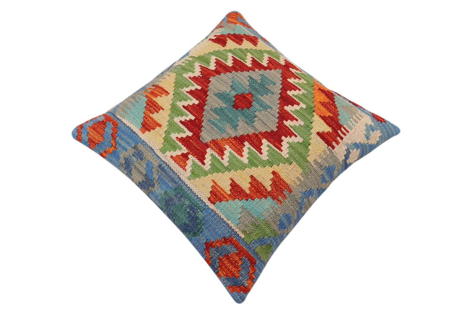 handmade Traditional Pillow Rust Blue Hand-Woven SQUARE 100% WOOL Hand woven turkish pillow2' x 2'