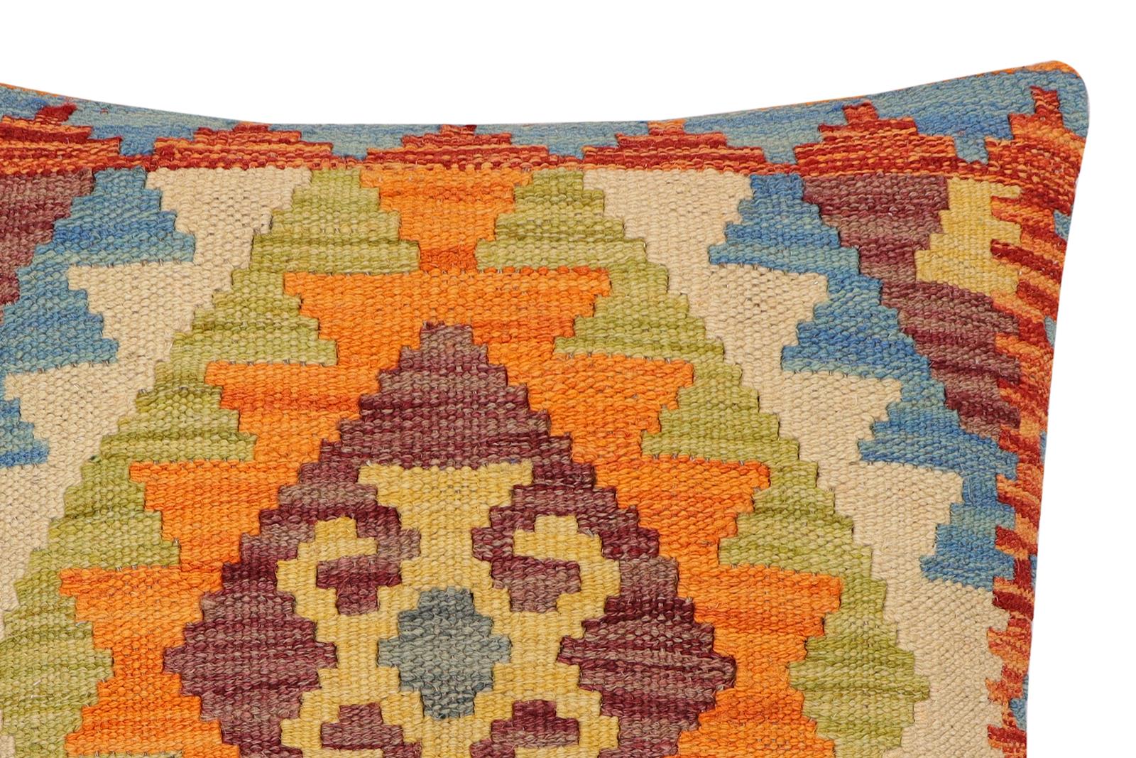handmade Traditional Pillow Rust Blue Hand-Woven SQUARE 100% WOOL Hand woven turkish pillow2' x 2'