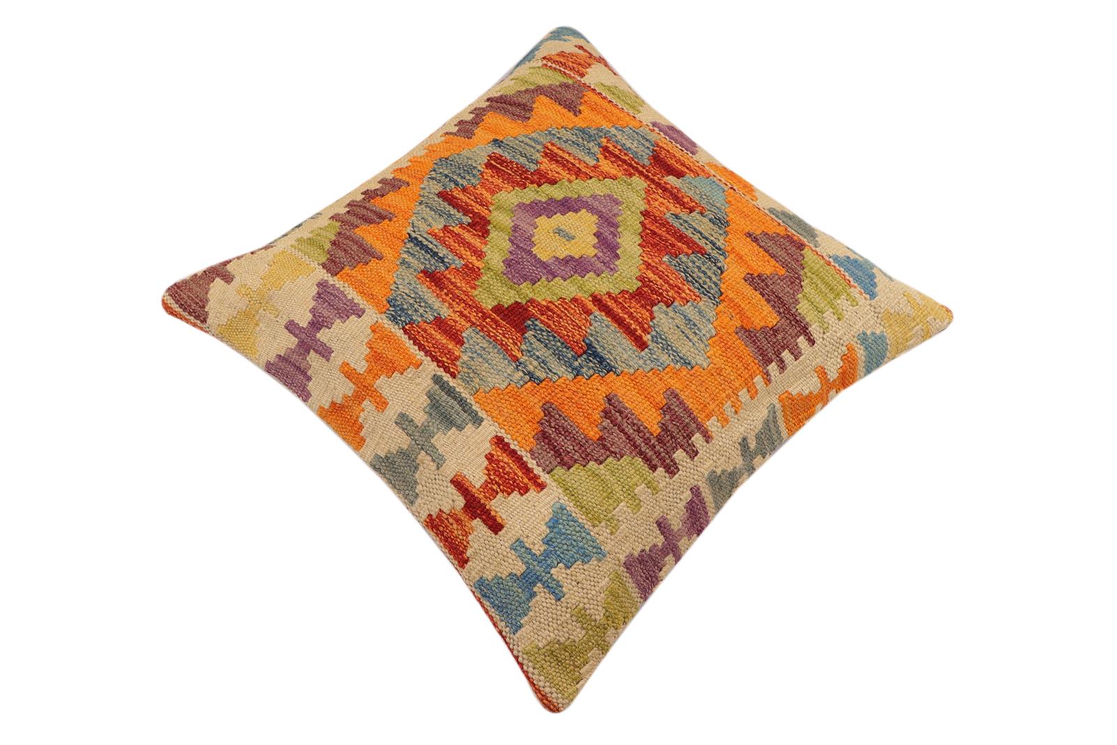 handmade Traditional Pillow Rust Blue Hand-Woven SQUARE 100% WOOL Hand woven turkish pillow2' x 2'