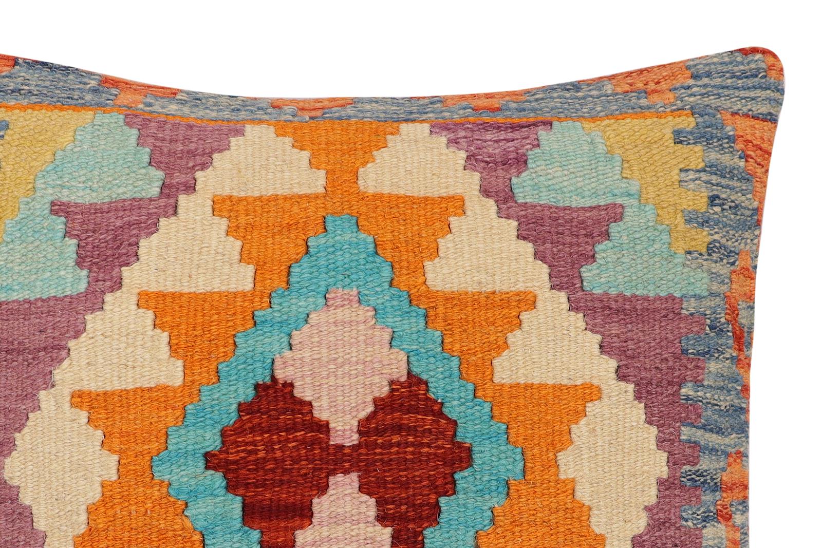 handmade Traditional Pillow Rust Blue Hand-Woven SQUARE 100% WOOL Hand woven turkish pillow2' x 2'