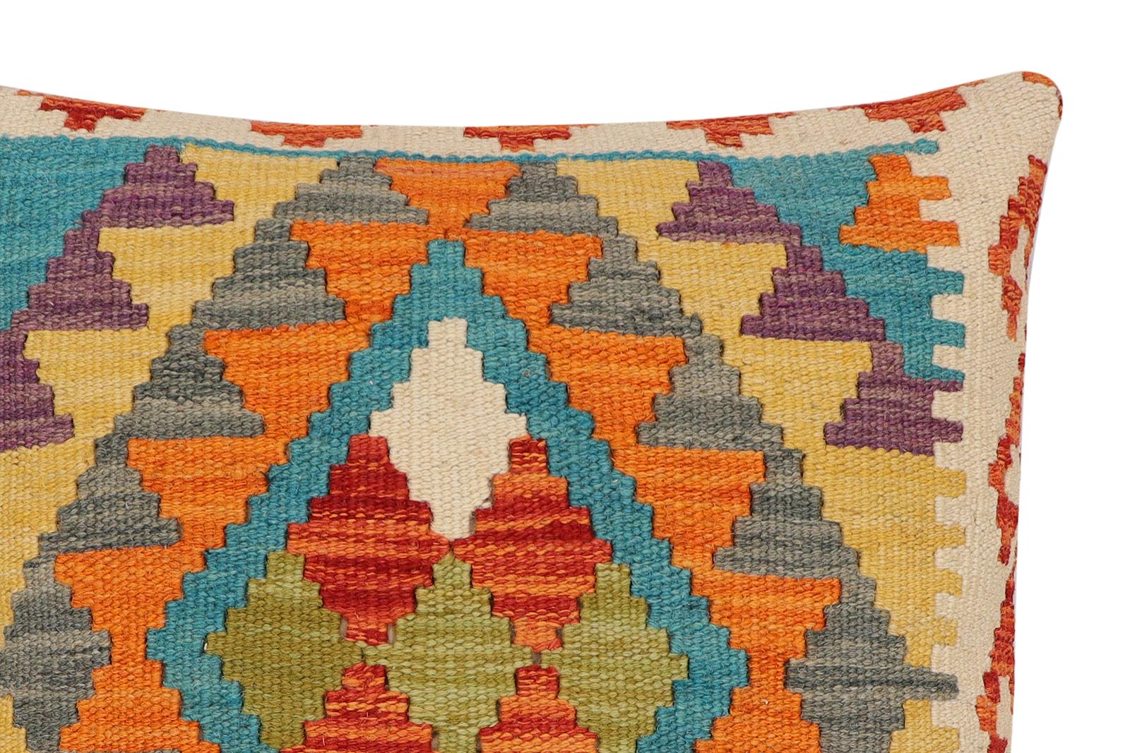 handmade Traditional Pillow Rust Blue Hand-Woven SQUARE 100% WOOL Hand woven turkish pillow2' x 2'