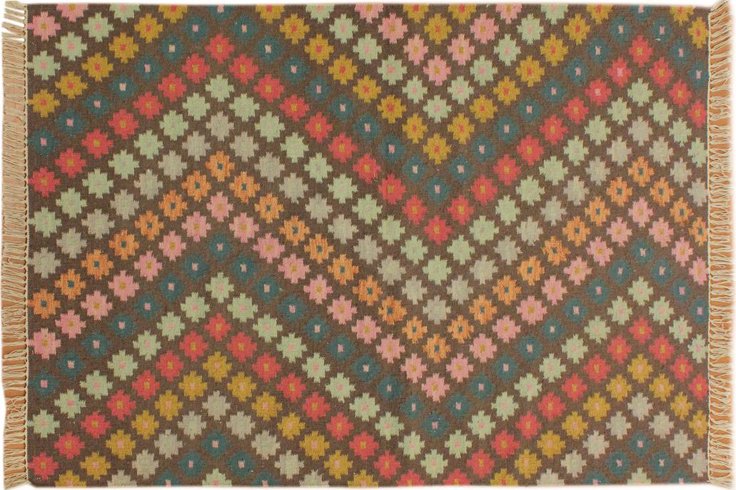 Flat Weave Kilim, Antique, Navaho, Vintage, Handmade, Modern Kilim Brown Blue Hand-Woven Rectangle 100% Wool Area Rug 4 x 6