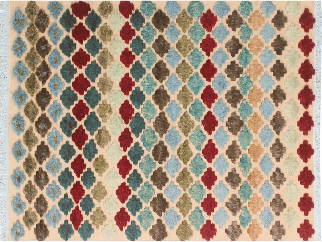 handmade Modern Moroccan Hi Beige Blue Hand Knotted RECTANGLE 100% WOOL area rug 5x8