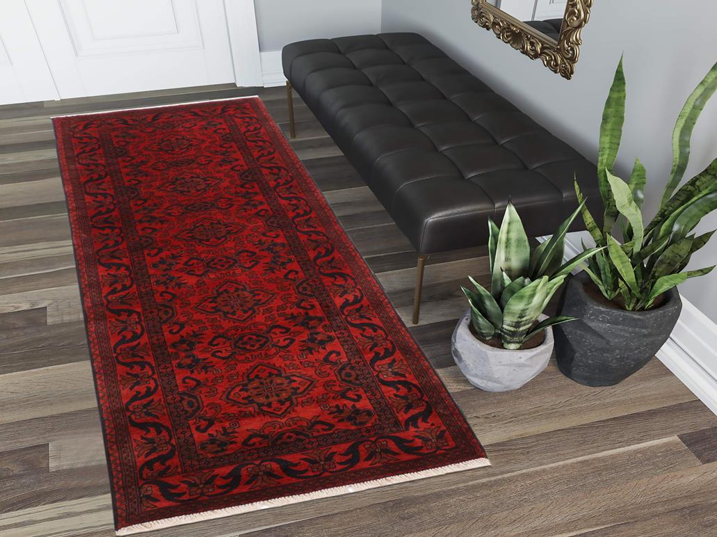 handmade Tribal Biljik Khal Muhammadi Drk. Red Black Hand Knotted RUNNER 100% WOOL Runner 3x10