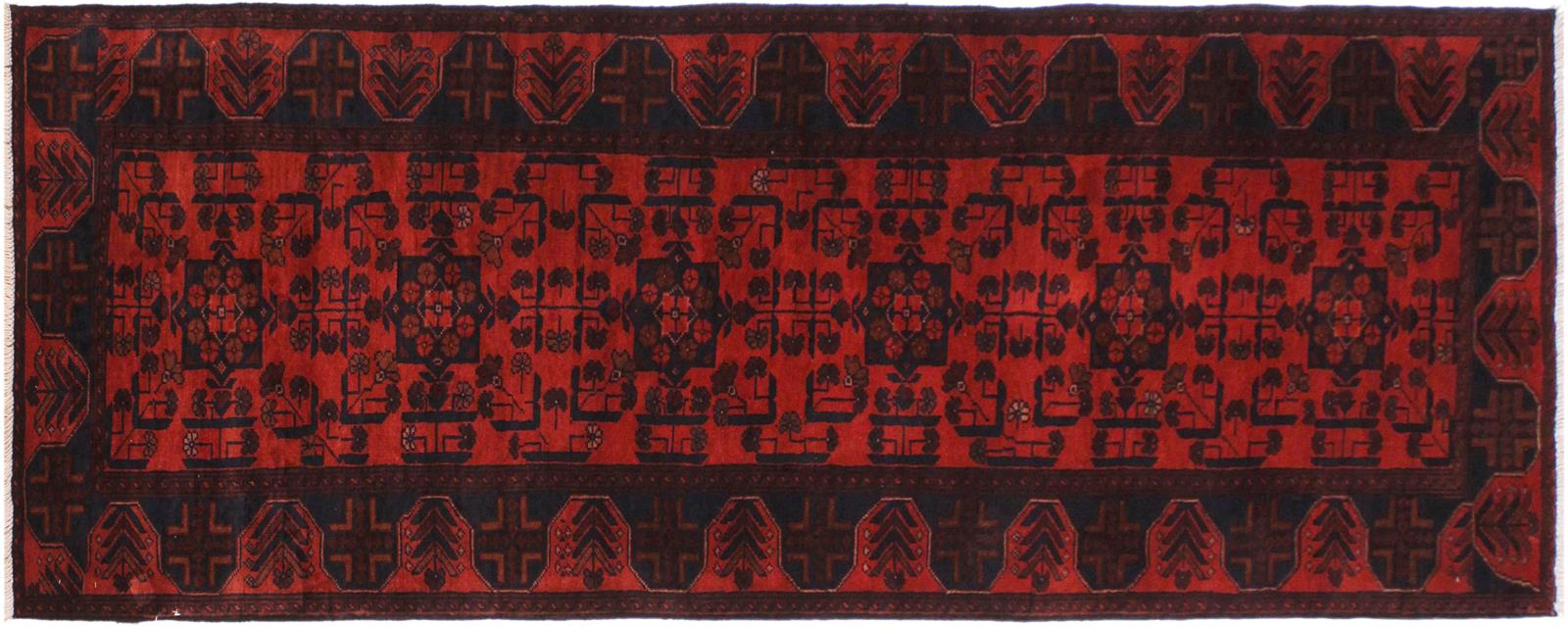 handmade Tribal Biljik Khal Muhammadi Drk. Red Black Hand Knotted RUNNER 100% WOOL Runner 3x10