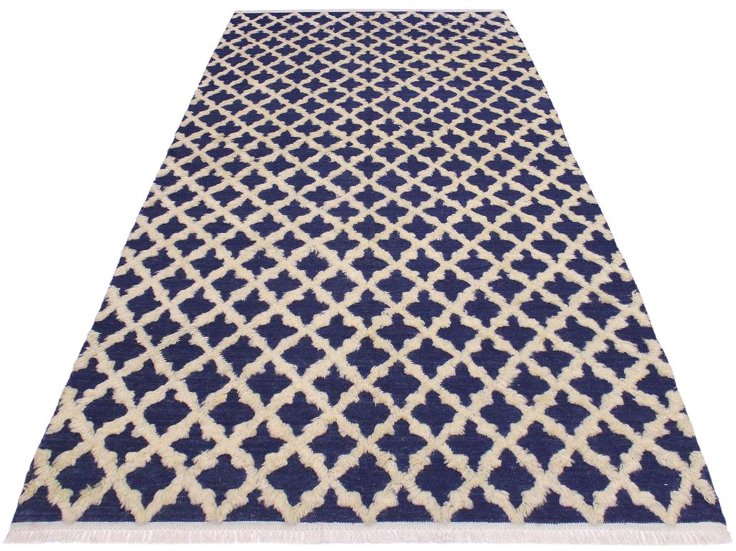 handmade Modern Moroccan Hi Blue Ivory Hand Knotted RECTANGLE 100% WOOL area rug 5x7