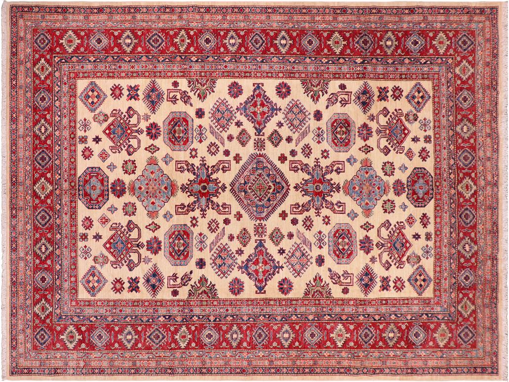 handmade Geometric Super Kazak Beige Red Hand Knotted RECTANGLE 100% WOOL area rug 8x10