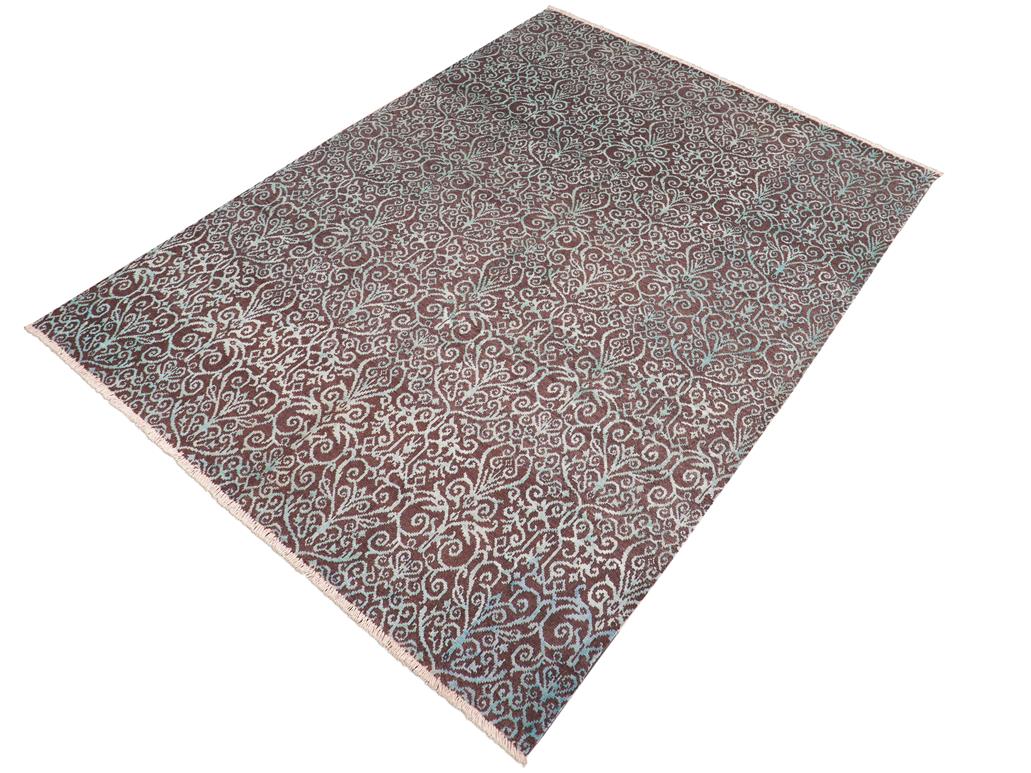 handmade Modern Kafkaz Brown Green Hand Knotted RECTANGLE WOOL&SILK area rug 8x10