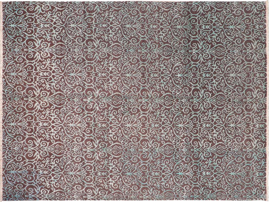 handmade Modern Kafkaz Brown Green Hand Knotted RECTANGLE WOOL&SILK area rug 8x10