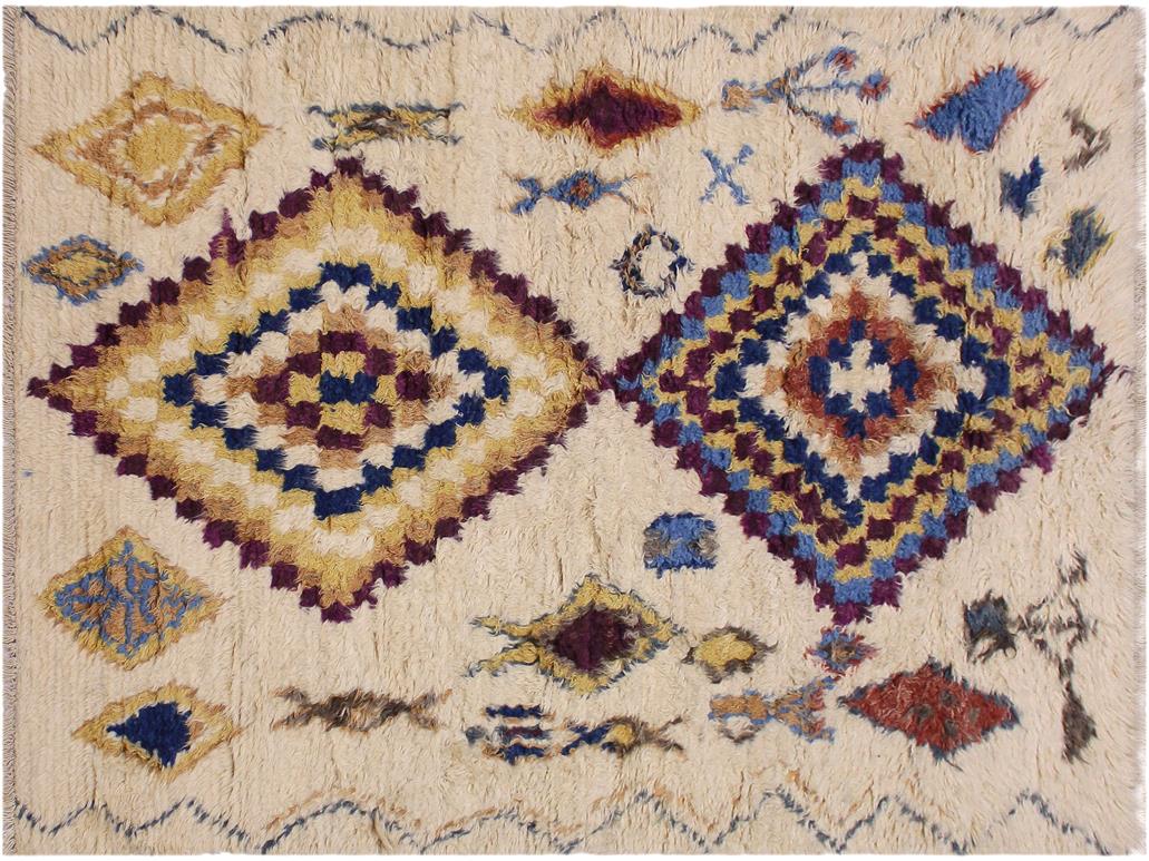 handmade Modern Moroccan Ivory Blue Hand Knotted RECTANGLE 100% WOOL area rug 5x7