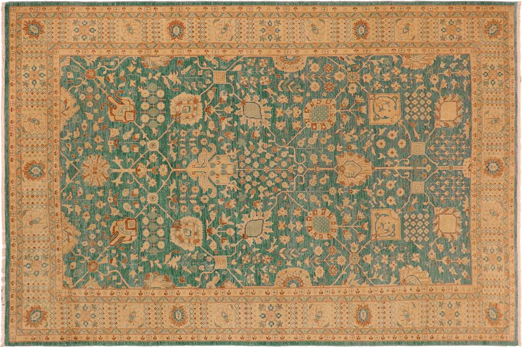 handmade Traditional Kafkaz Chobi Ziegler Green Tan Hand Knotted RECTANGLE 100% WOOL area rug 10 x 14