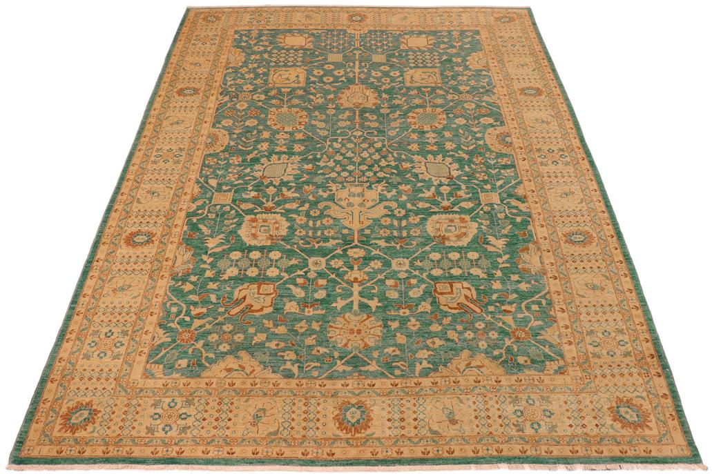 handmade Traditional Kafkaz Chobi Ziegler Green Tan Hand Knotted RECTANGLE 100% WOOL area rug 10 x 14