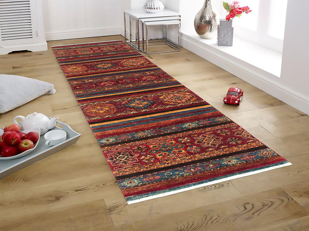 handmade Geometric Khurgeen Red Blue Hand Knotted RUNNER 100% WOOL area rug 3x10