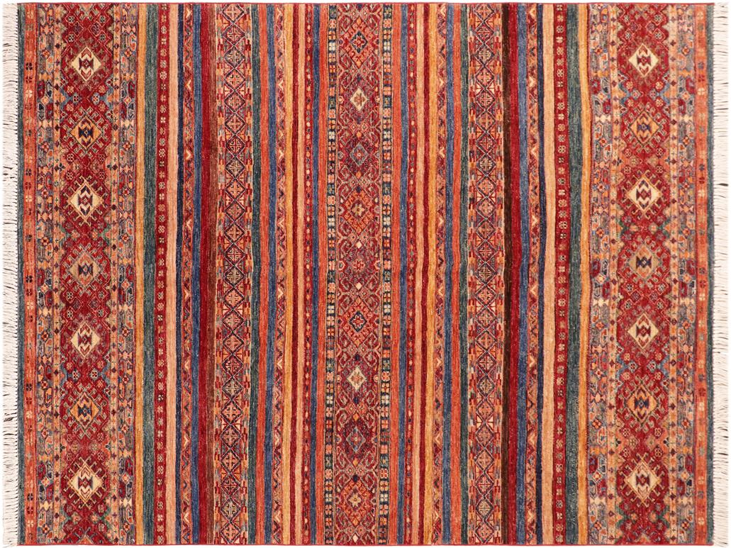 handmade Geometric Khorgeen Red Blue Hand Knotted RECTANGLE 100% WOOL area rug 5x7
