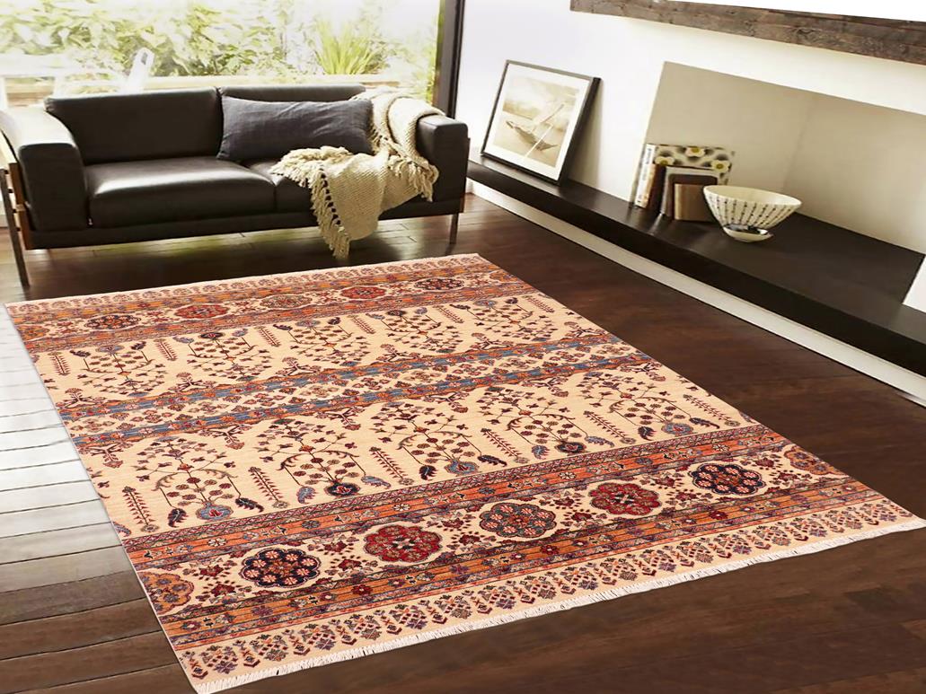 handmade Geometric Khorgeen Beige Blue Hand Knotted RECTANGLE 100% WOOL area rug 6x7