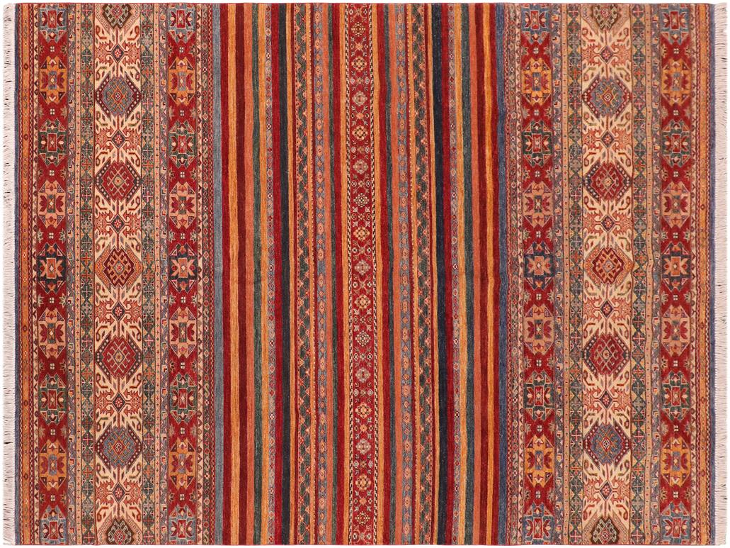 handmade Geometric Khorgeen Red Beige Hand Knotted RECTANGLE 100% WOOL area rug 7x10