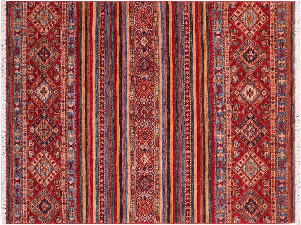handmade Geometric Khorgeen Red Blue Hand Knotted RECTANGLE 100% WOOL area rug 5x7