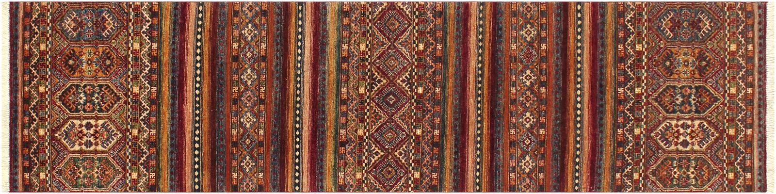 handmade Geometric Khurgeen Red Gold Hand Knotted RUNNER 100% WOOL area rug 3x9