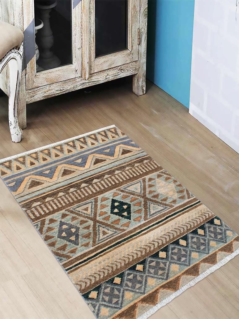 handmade Geometric Khorgeen Grey Blue Hand Knotted RECTANGLE 100% WOOL area rug 2x4