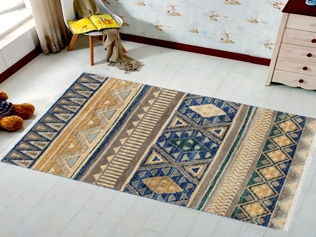 handmade Geometric Khorgeen Gray Blue Hand Knotted RECTANGLE 100% WOOL area rug 2x4