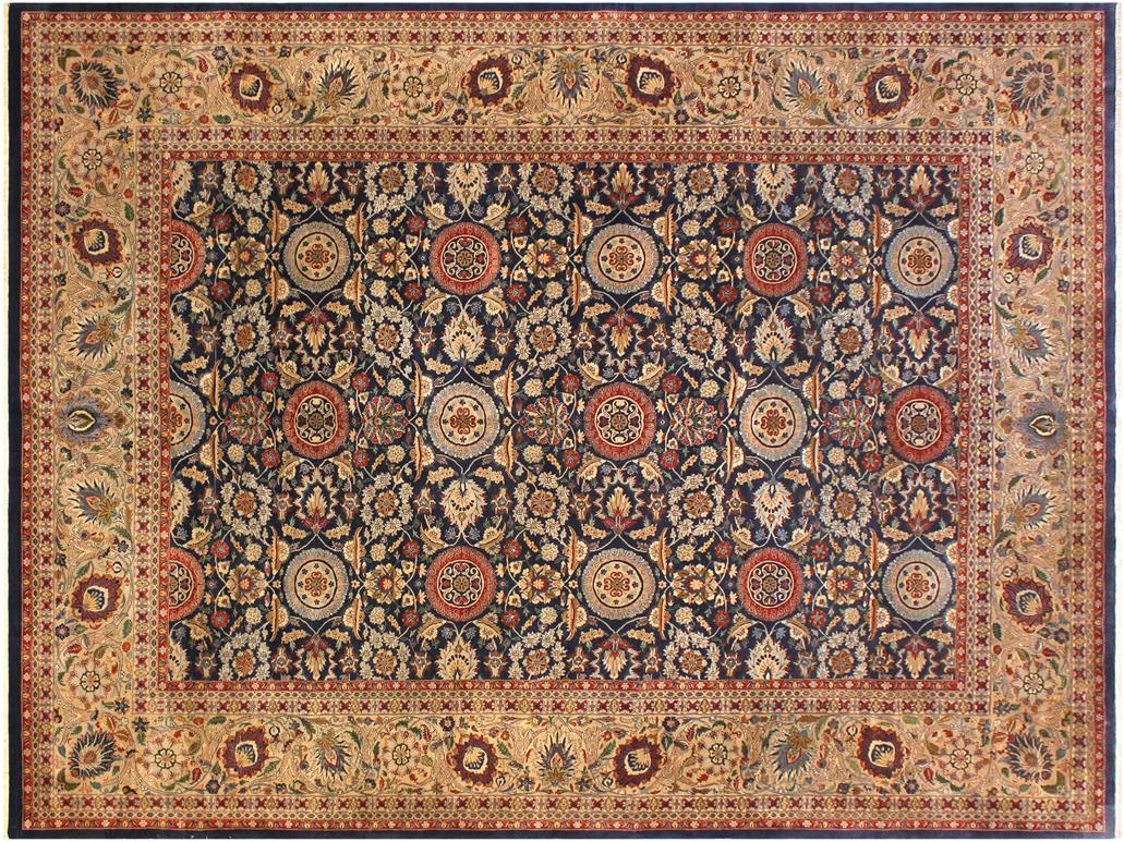 handmade Traditional Agra Tabriz Blue Tan Hand Knotted RECTANGLE 100% WOOL area rug 10x14