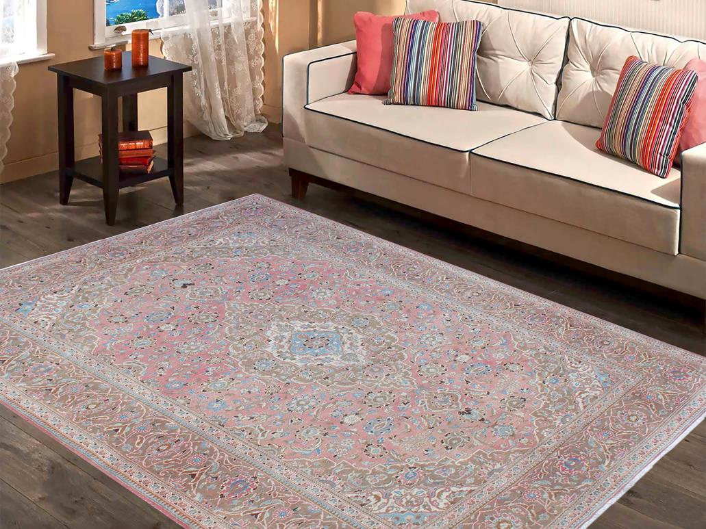 handmade Medallion, Traditional Kashan Pink Brown Hand Knotted RECTANGLE 100% WOOL area rug 8x12
