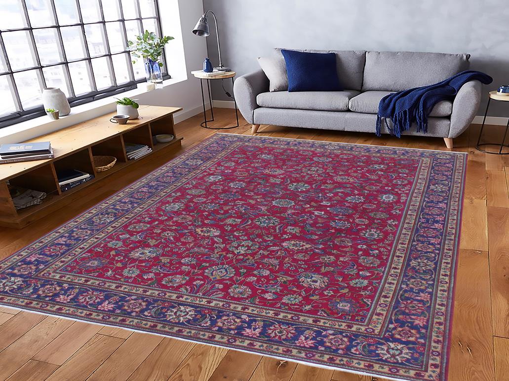 handmade Traditional Kashan Red Blue Hand Knotted RECTANGLE 100% WOOL area rug 9x13