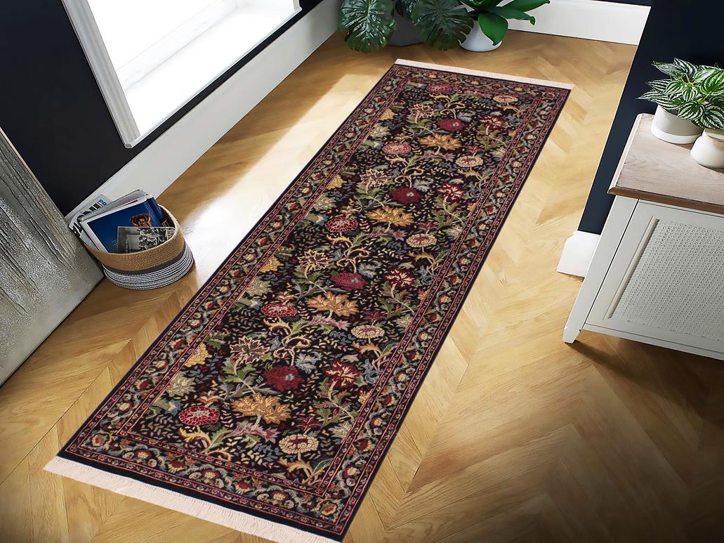 handmade Traditional Morris Black Red Hand Knotted RUNNER 100% WOOL area rug 3x8