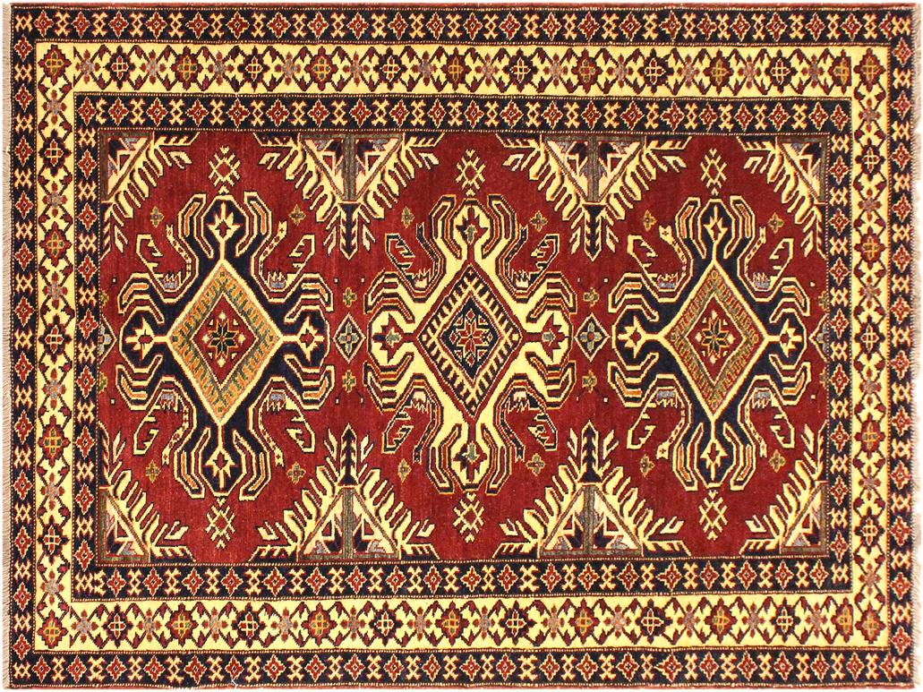 handmade Geometric Super Kazak Red Beige Hand Knotted RECTANGLE 100% WOOL area rug 4x6