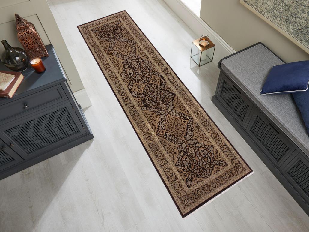 handmade Transitional Veg Dye Brown Gold Hand Knotted RUNNER 100% WOOL area rug 3x11