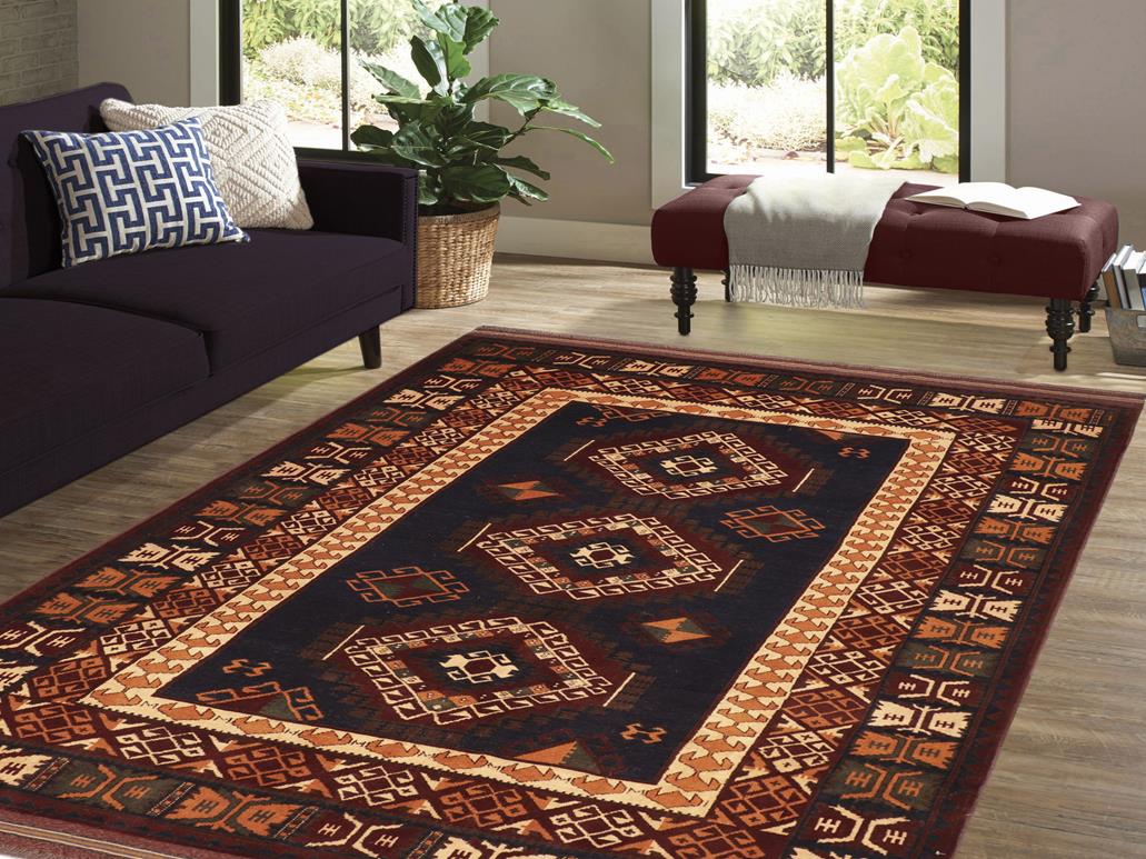 handmade Geometric Kargahi Blue Rust Hand Knotted RECTANGLE 100% WOOL area rug 7x10