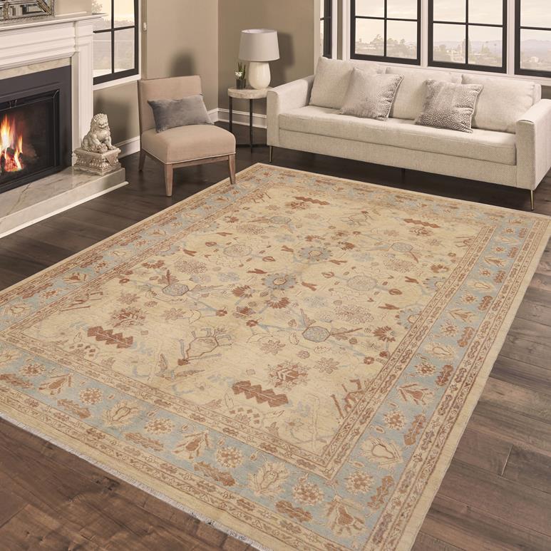 handmade Traditional Kafkaz Chobi Ziegler Beige Blue Hand Knotted RECTANGLE 100% WOOL area rug 9 x 11