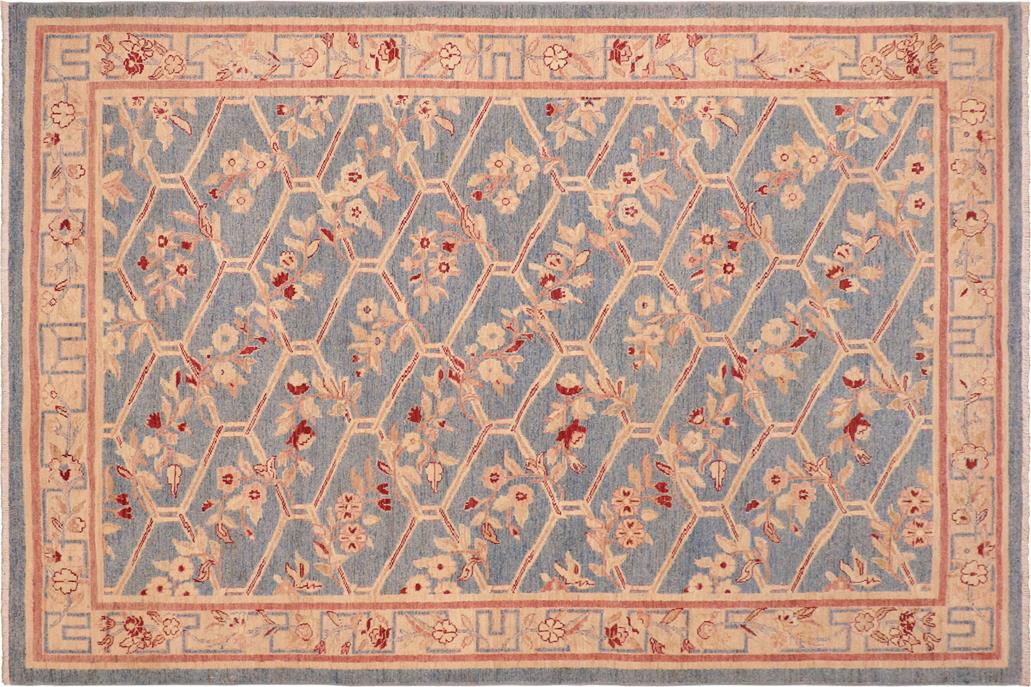 handmade Transitional Kafkaz Chobi Ziegler Blue Tan Hand Knotted RECTANGLE 100% WOOL area rug 6 x 9