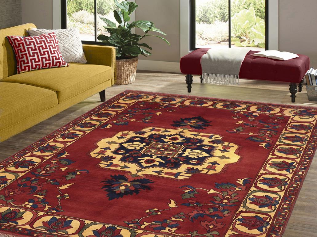 handmade Geometric Kargahi Rust Gold Hand Knotted RECTANGLE 100% WOOL area rug 7x10