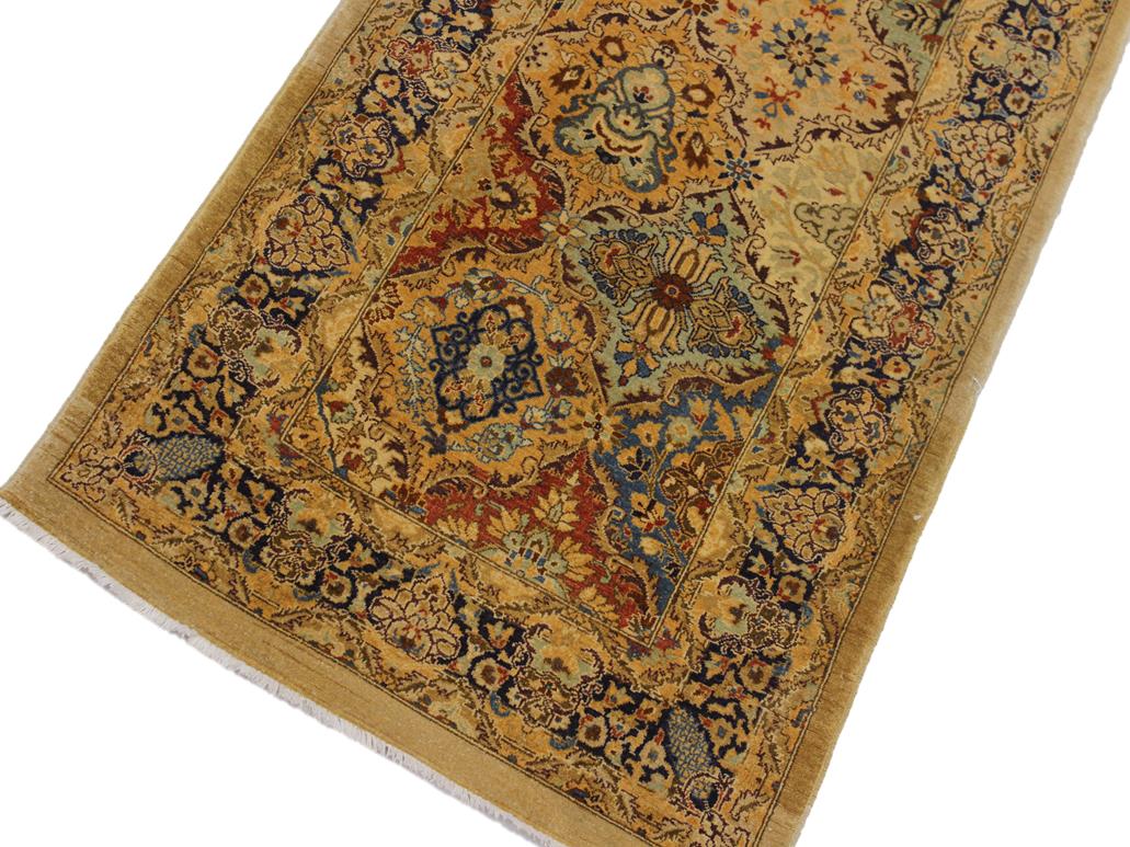 handmade Transitional Veg Dye Gold Blue Hand Knotted RUNNER 100% WOOL area rug 3x10