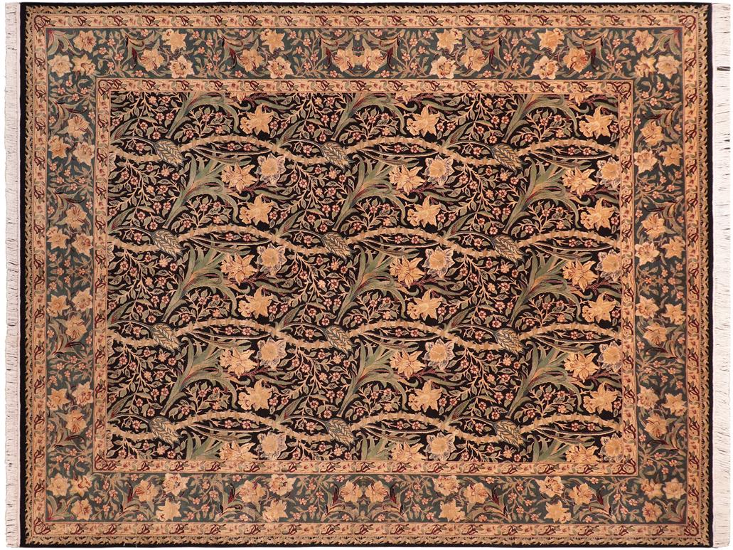 handmade Traditional Dafodils Black Green Hand Knotted RECTANGLE 100% WOOL area rug 8x10