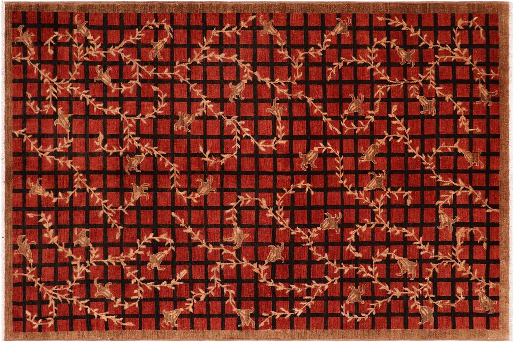 handmade Transitional Lahore Red Brown Hand Knotted RECTANGLE 100% WOOL area rug 6 x 9