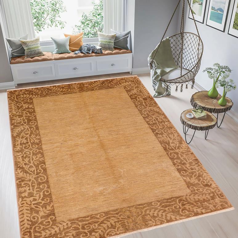 Handmade Kafakz Chobi Ziegler Modern Contemporary Tan Brown Hand Knotted Rectangel Hand Knotted 100% Vegetable Dyed wool area rug 6 x 9