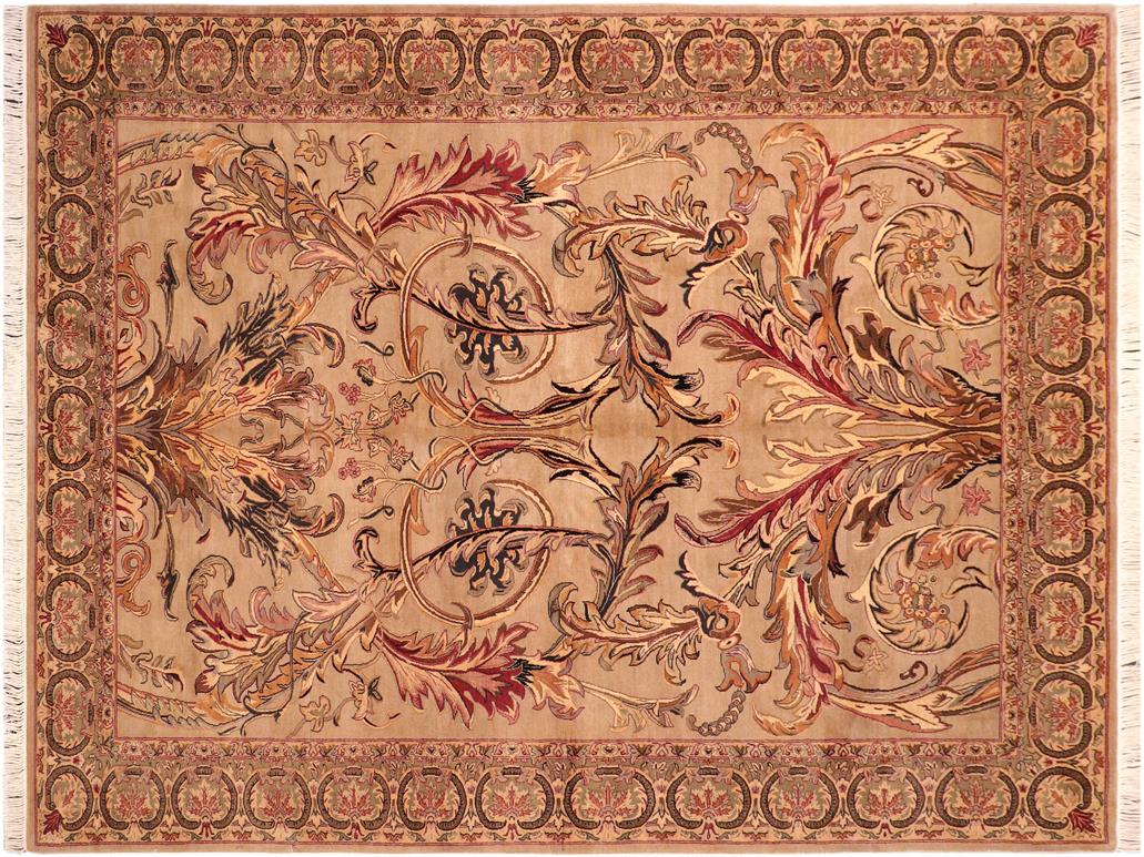 handmade Traditional Bhati Taupe Green Hand Knotted RECTANGLE 100% WOOL area rug 6x9