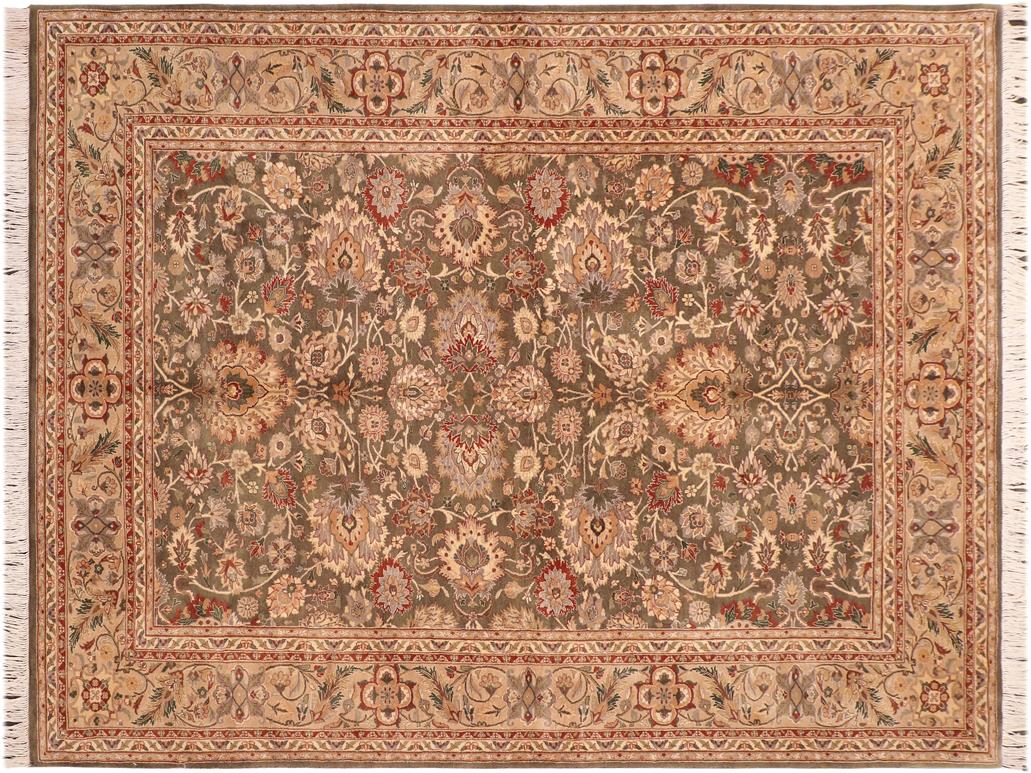 handmade Traditional Mehal Green Taupe Hand Knotted RECTANGLE 100% WOOL area rug 6x9