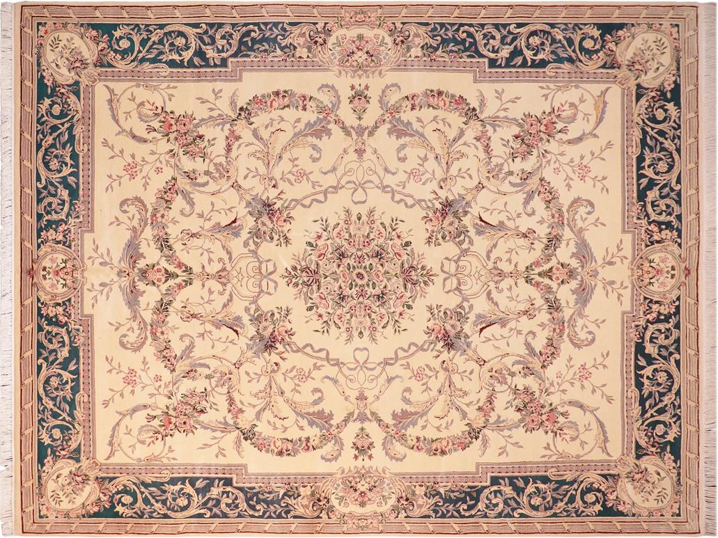 handmade Traditional Fazalhaq Beige Teal Hand Knotted RECTANGLE 100% WOOL area rug 8x10