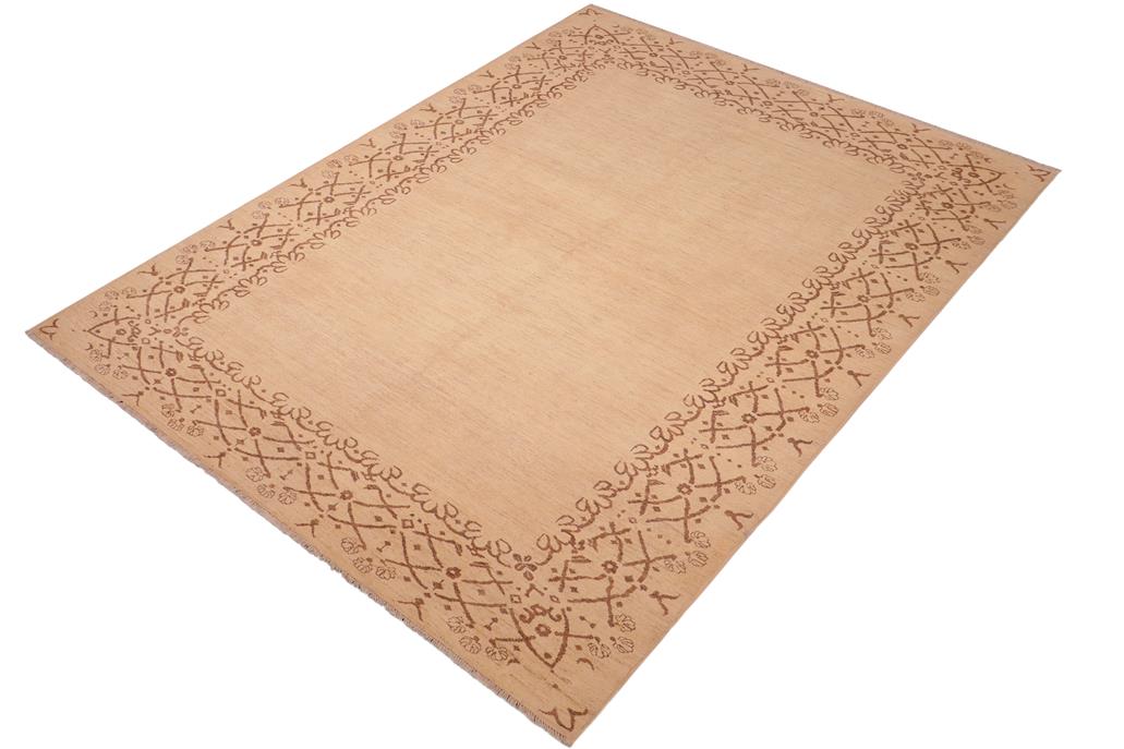 Handmade Kafakz Chobi Ziegler Modern Contemporary Tan Brown Hand Knotted Rectangel Hand Knotted 100% Vegetable Dyed wool area rug 6 x 9