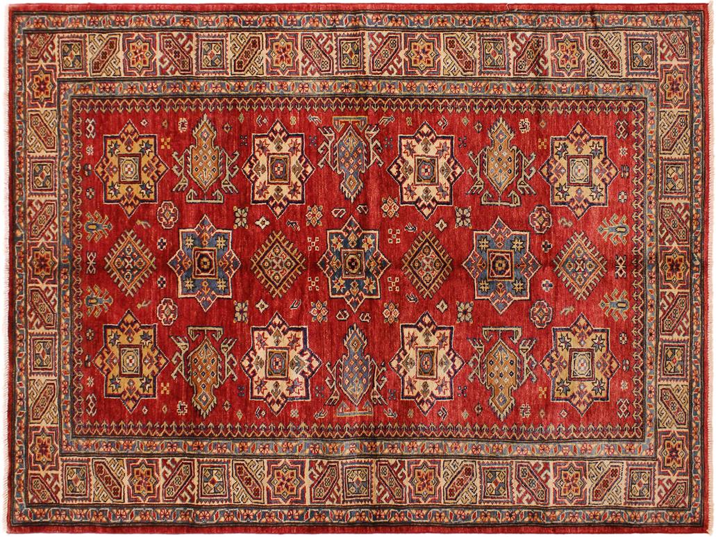 handmade Geometric Super Kazak Red Tan Hand Knotted RECTANGLE 100% WOOL area rug 5x7