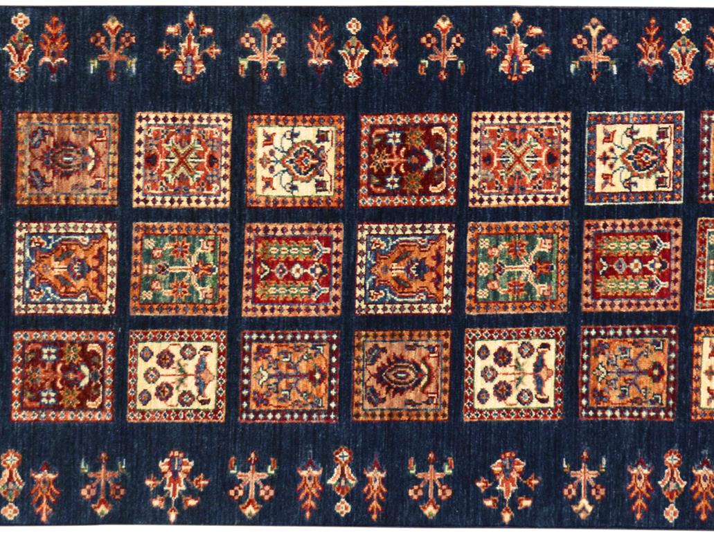 handmade Geometric Khurgeen Blue Gold Hand Knotted RUNNER 100% WOOL area rug 3x10