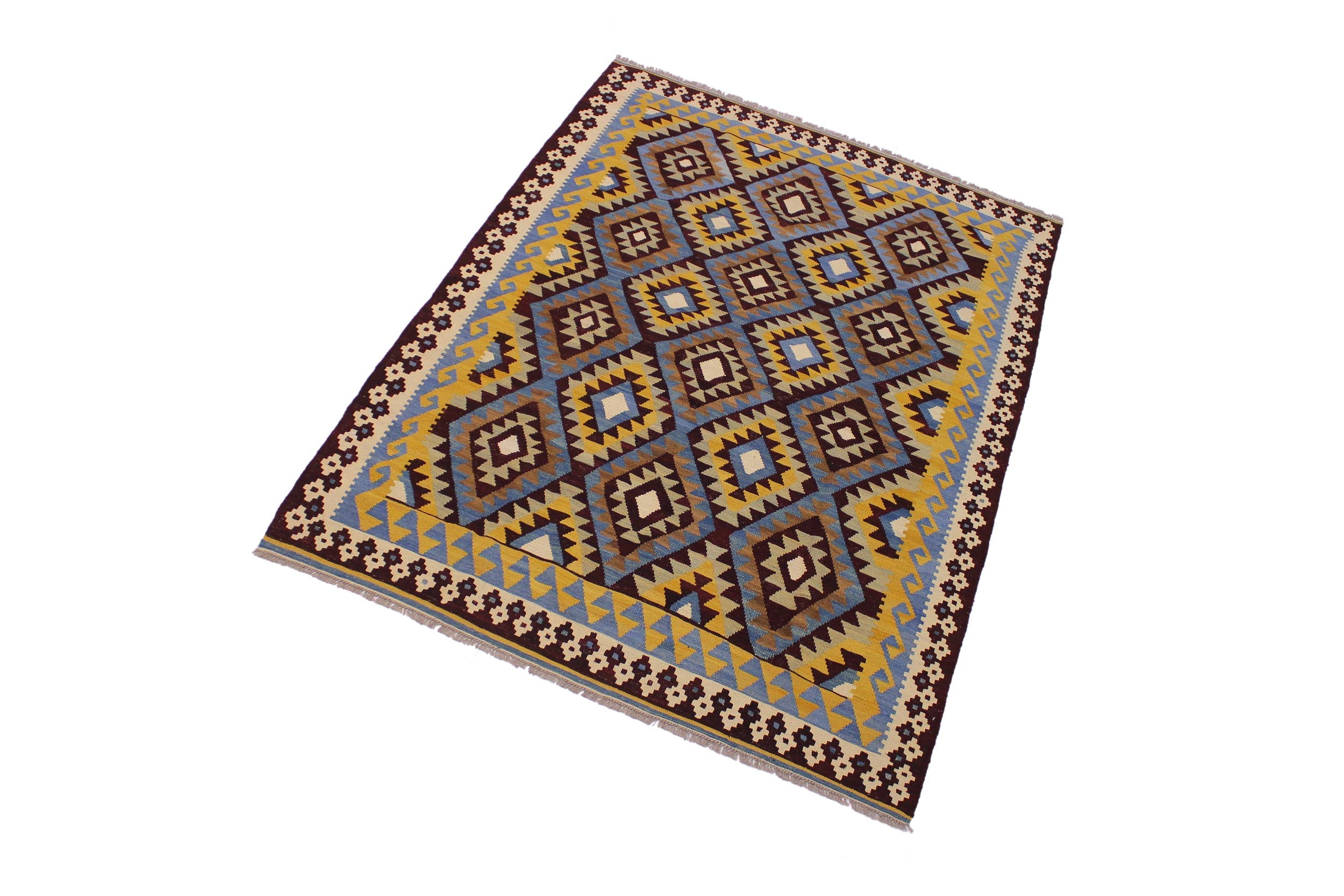 handmade Geometric Kilim Brown Blue Hand-Woven RECTANGLE 100% WOOL area rug 6 x 8