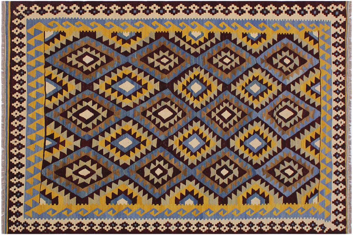 handmade Geometric Kilim Brown Blue Hand-Woven RECTANGLE 100% WOOL area rug 6 x 8